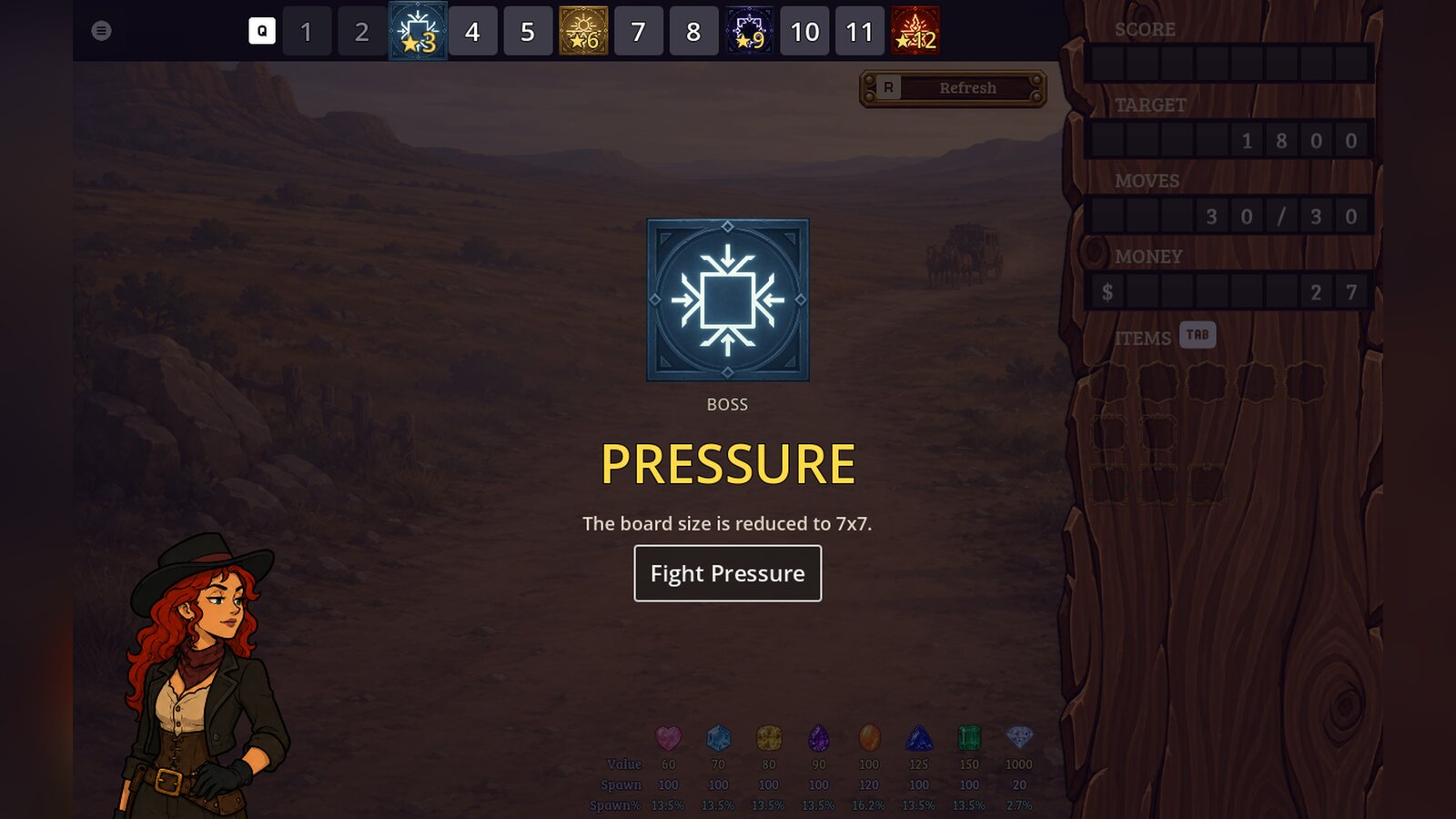 A boss introduction screen for Pressure, which shrinks the board to 7 by 7, with the Bandit looking on