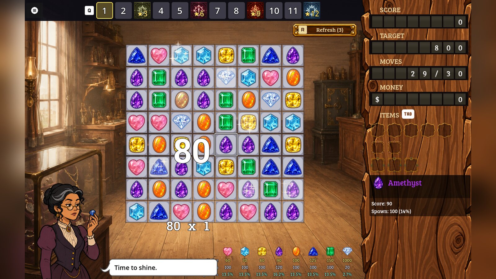 An 8 by 8 gem board mid-match, with a score popup reading 80 and the Jeweler watching from the corner of her shop