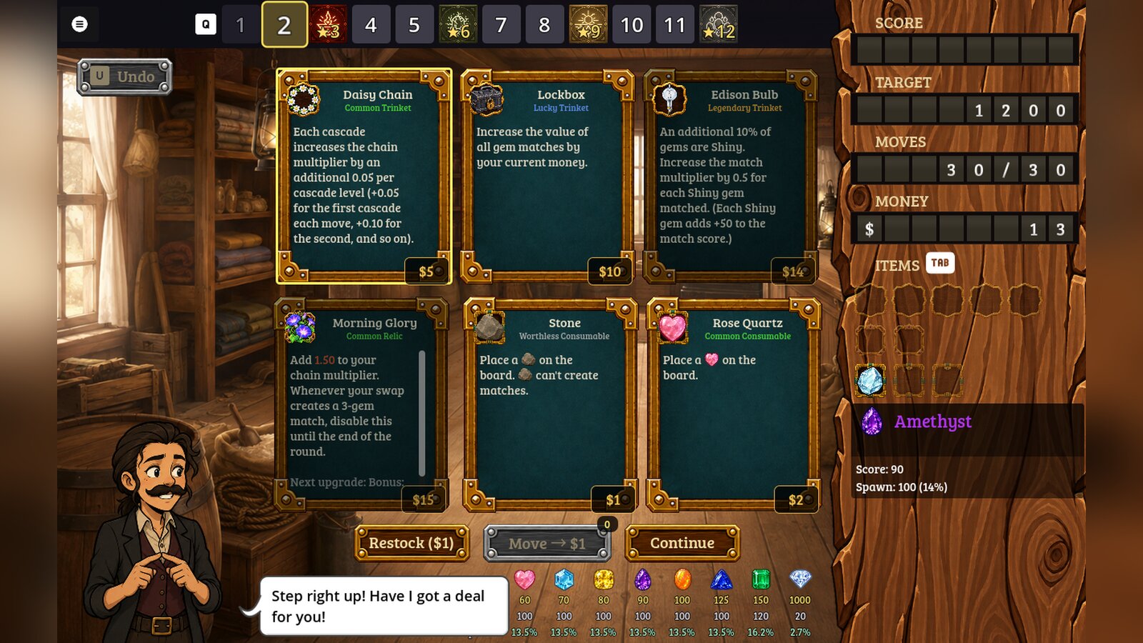 The shop between rounds, showing six item cards including Daisy Chain, Lockbox, Edison Bulb and Morning Glory