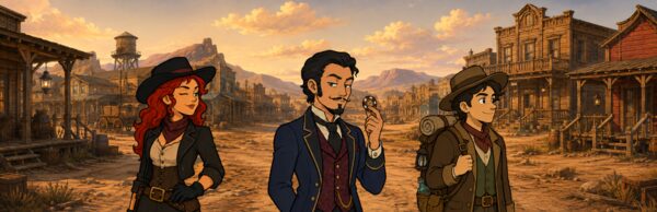 Wide banner of three characters in a frontier town