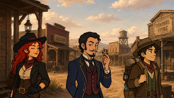 The three characters in front of a saloon and general store